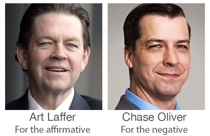 Photo of Art Laffer above text that reads "for the Affirmative"  and photo of Chase Oliver that reads "for the negative"